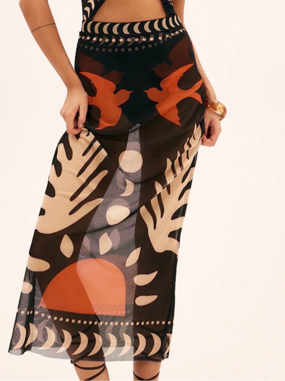 Commense Black Sheer Midi Skirt with Orange and Cream Graphic Motifs